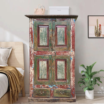 Vintage Armoire Wardrobe Rustic Ranch Farmhouse 4 Door Storage Cabinet